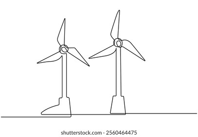 Continuous one line drawing of wind turbine. One line drawing illustration of windmill energy. Wind turbines in one continuous line drawing