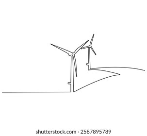 Continuous one line drawing of wind turbine. Single line drawing illustration of wind energy. Sustainable and alternative renewable energy concept vector art. Doodle line illustration.