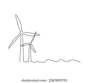 Continuous one line drawing of wind turbine. Single line drawing illustration of wind energy. Sustainable and alternative renewable energy concept vector art. Doodle line illustration.