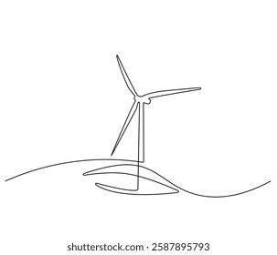 Continuous one line drawing of wind turbine. Single line drawing illustration of wind energy. Sustainable and alternative renewable energy concept vector art. Doodle line illustration.