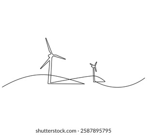 Continuous one line drawing of wind turbine. Single line drawing illustration of wind energy. Sustainable and alternative renewable energy concept vector art. Doodle line illustration.