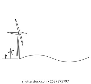 Continuous one line drawing of wind turbine. Single line drawing illustration of wind energy. Sustainable and alternative renewable energy concept vector art. Doodle line illustration.