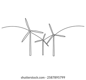 Continuous one line drawing of wind turbine. Single line drawing illustration of wind energy. Sustainable and alternative renewable energy concept vector art. Doodle line illustration.