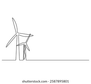 Continuous one line drawing of wind turbine. Single line drawing illustration of wind energy. Sustainable and alternative renewable energy concept vector art. Doodle line illustration.