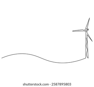 Continuous one line drawing of wind turbine. Single line drawing illustration of wind energy. Sustainable and alternative renewable energy concept vector art. Doodle line illustration.