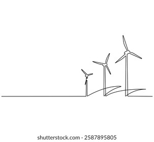 Continuous one line drawing of wind turbine. Single line drawing illustration of wind energy. Sustainable and alternative renewable energy concept vector art. Doodle line illustration.