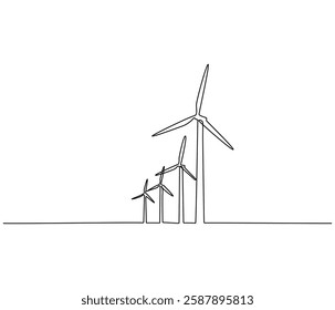 Continuous one line drawing of wind turbine. Single line drawing illustration of wind energy. Sustainable and alternative renewable energy concept vector art. Doodle line illustration.