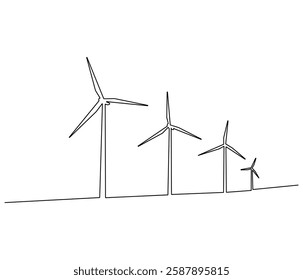 Continuous one line drawing of wind turbine. Single line drawing illustration of wind energy. Sustainable and alternative renewable energy concept vector art. Doodle line illustration.