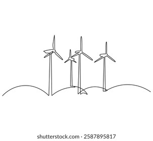 Continuous one line drawing of wind turbine. Single line drawing illustration of wind energy. Sustainable and alternative renewable energy concept vector art. Doodle line illustration.