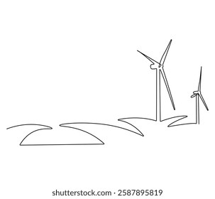 Continuous one line drawing of wind turbine. Single line drawing illustration of wind energy. Sustainable and alternative renewable energy concept vector art. Doodle line illustration.