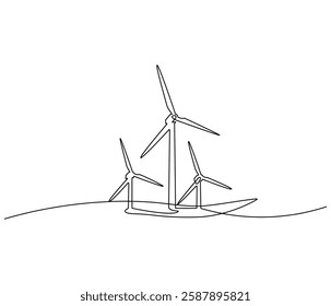 Continuous one line drawing of wind turbine. Single line drawing illustration of wind energy. Sustainable and alternative renewable energy concept vector art. Doodle line illustration.