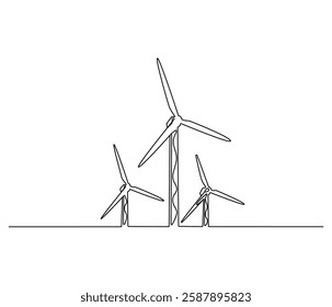 Continuous one line drawing of wind turbine. Single line drawing illustration of wind energy. Sustainable and alternative renewable energy concept vector art. Doodle line illustration.