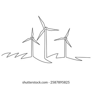 Continuous one line drawing of wind turbine. Single line drawing illustration of wind energy. Sustainable and alternative renewable energy concept vector art. Doodle line illustration.