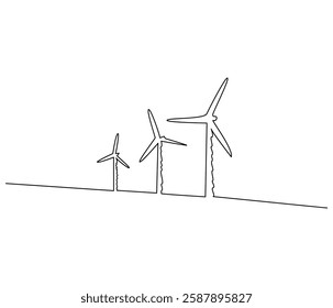 Continuous one line drawing of wind turbine. Single line drawing illustration of wind energy. Sustainable and alternative renewable energy concept vector art. Doodle line illustration.