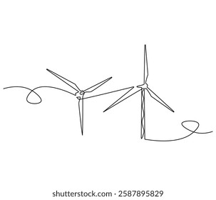 Continuous one line drawing of wind turbine. Single line drawing illustration of wind energy. Sustainable and alternative renewable energy concept vector art. Doodle line illustration.