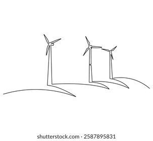 Continuous one line drawing of wind turbine. Single line drawing illustration of wind energy. Sustainable and alternative renewable energy concept vector art. Doodle line illustration.