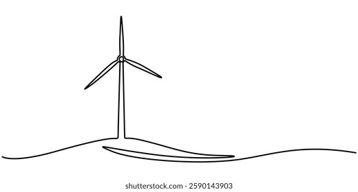 Continuous one line drawing of wind turbines eco energy. simple wind turbines outline vector illustration, Wind mill, wind generator energy, single continuous line art drawing. Windmill tower save pro