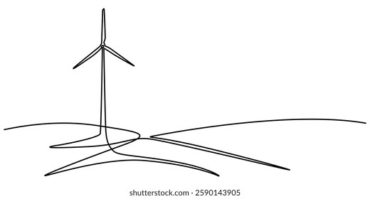 Continuous one line drawing of wind turbines eco energy. simple wind turbines outline vector illustration, Wind mill, wind generator energy, single continuous line art drawing. Windmill tower save pro