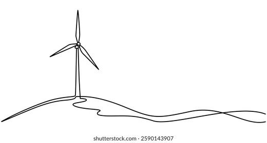 Continuous one line drawing of wind turbines eco energy. simple wind turbines outline vector illustration, Wind mill, wind generator energy, single continuous line art drawing. Windmill tower save pro