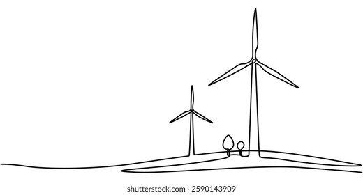 Continuous one line drawing of wind turbines eco energy. simple wind turbines outline vector illustration, Wind mill, wind generator energy, single continuous line art drawing. Windmill tower save pro