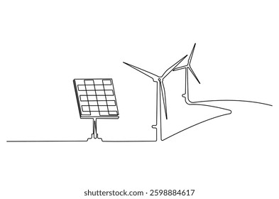 Continuous one line drawing of wind turbine and Solar panel. Single line drawing illustration of wind turbines eco energy. Renewable source energy concept vector art. Doodle line illustration. 
