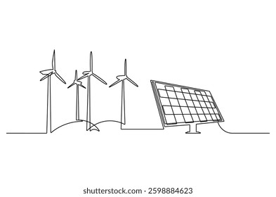 Continuous one line drawing of wind turbine and Solar panel. Single line drawing illustration of wind turbines eco energy. Renewable source energy concept vector art. Doodle line illustration. 
