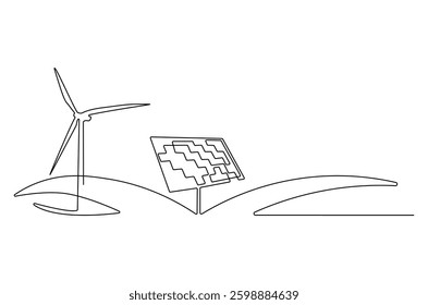 Continuous one line drawing of wind turbine and Solar panel. Single line drawing illustration of wind turbines eco energy. Renewable source energy concept vector art. Doodle line illustration. 
