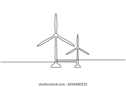 Continuous one line drawing of wind turbine power , sustainable energy, wind turbine eco energy. Global wind day concept line art. Editable outline.
