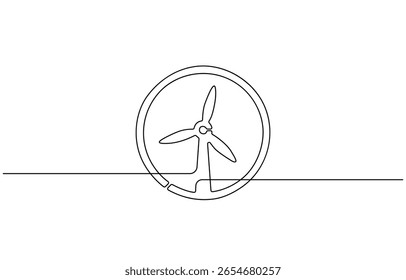 Continuous one line drawing of wind turbine power , sustainable energy, wind turbine eco energy. Global wind day concept line art. Editable outline.