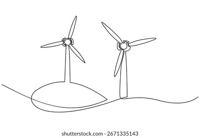 Continuous one line drawing of wind turbines vector illustration. Editable outline