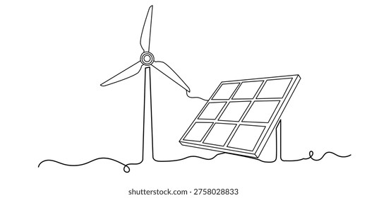 Continuous one line drawing of wind turbine and solar panel, renewable energy concept, ecofriendly power generation vector illustration