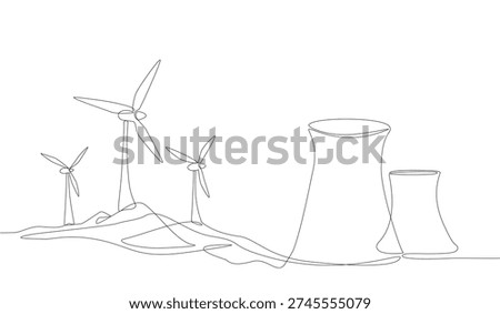 Continuous one line drawing of wind turbines and nuclear power plant cooling towers in a minimalist landscape, symbolizing renewable and conventional energy production. Editable stroke vector illustration.
