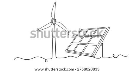 Continuous one line drawing of wind turbine and solar panel, renewable energy concept, ecofriendly power generation vector illustration