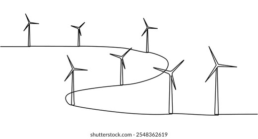 Dibujo continuo de una línea de un molino de viento y un generador eólico, que representa fuentes de energía renovables.