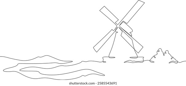 Continuous one line drawing windmill.An old mill on the plain. One continuous line isolated minimal illustration.Not AI.