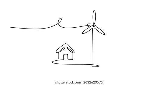 Continuous One Line Drawing Windmill House. Green Energy Home Power. Sustainable Living.