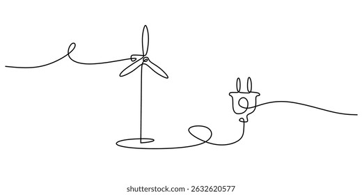Continuous One Line Drawing Windmill Electric Plug. Renewable Energy Green Power. Eco Sustainable.