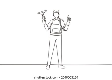 Continuous one line drawing window cleaner in uniform with professional equipment for cleaning windows. Man cleaning and rub windows of building using spray and wiper. Single line draw design vector