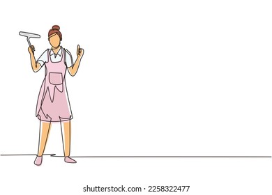Continuous one line drawing window cleaner in uniform with professional equipment for cleaning windows. Woman cleaning and rub windows of building using spray and wiper. Single line draw design vector