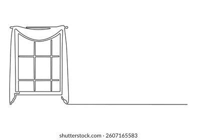 Continuous one line drawing of window with curtains. Single line drawing illustration of windows living room with fabric. Living room interior concept vector art. Doodle line illustration.
