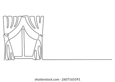Continuous one line drawing of window with curtains. Single line drawing illustration of windows living room with fabric. Living room interior concept vector art. Doodle line illustration.