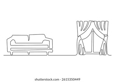 Continuous one line drawing of Windows curtain and sofa. Single line drawing illustration of Curtain sofa. Living room interior concept vector art. Doodle line illustration.
