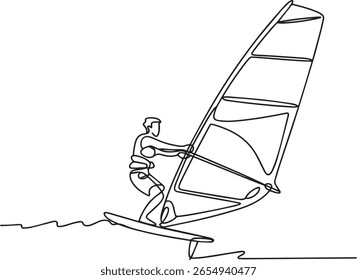 Continuous one line drawing of windsurfing athlete riding surfboard, minimalist water sport line art illustration

