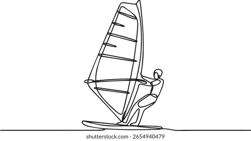 Desenho contínuo de uma linha de prancha de surf atleta de windsurf, ilustração de arte de linha de esporte de água minimalista

