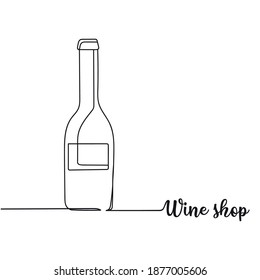 Tienda de vinos de una línea continua (botella de vino). Ilustración vectorial perfecta para tarjetas de felicitación, invitaciones a fiestas, afiches, pegatinas, ropa. Concepto de bebida