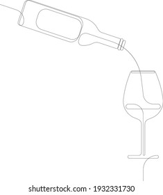 Dibujo continuo de una línea de una botella de vino vertiendo vino en un vaso. Ilustración vectorial de contorno de vidrio. icono EPS.