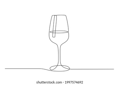 Continuous one line drawing of Wine glass. Drink in cup in doodle style. Thin editable stroke. Black and white vector illustration