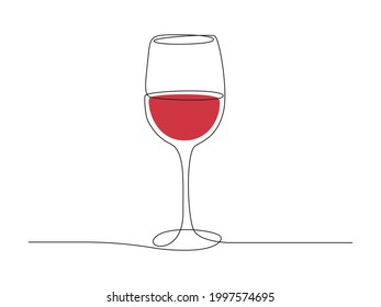 Continuous one line drawing of Wine glass. Red Drink in cup in simple linear style. Editable stroke Vector illustration