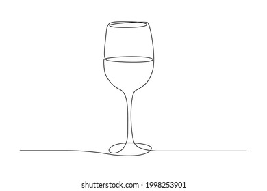 Continuous one line drawing of Wine glass. Drink in cup in simple linear style. Editable stroke. Black and white vector illustration