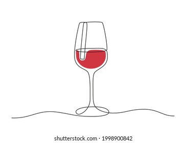 Continuous one line drawing of Wine glass. Red Drink in cup in doodle style. Editable stroke. Black and white vector illustration